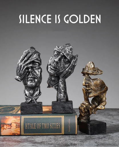 Vilead 16cm conjunto de 3 escultura abstrata resina silêncio é estátua de ouro areia preta escritório estante decoração de mesa objeto prateleira