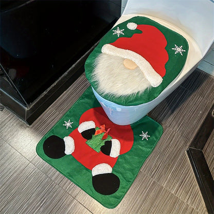 Conjunto de capa de assento de vaso sanitário de Papai Noel, 2 peças, decoração de banheiro de Natal, capa de assento de vaso sanitário e tapete para Natal