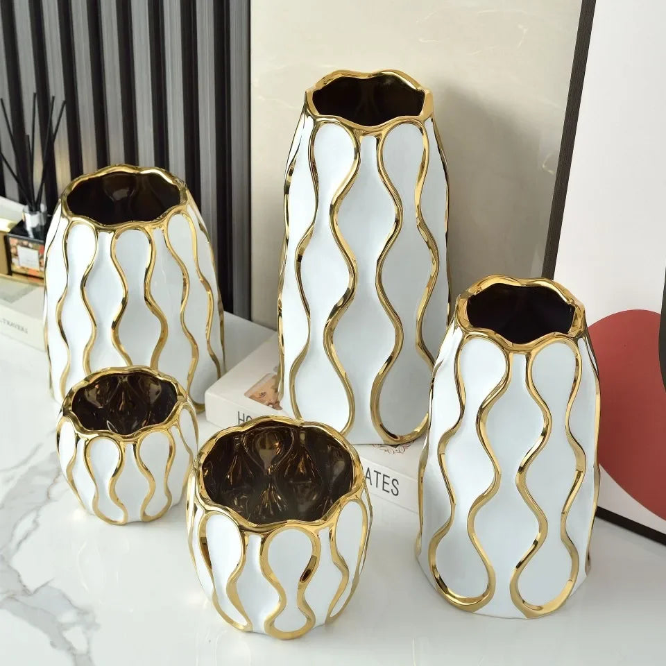 Vaso cerâmico galvanizado, ornamentos de flores douradas, arranjo de flores secas, decoração moderna da sala de estar, preto e branco