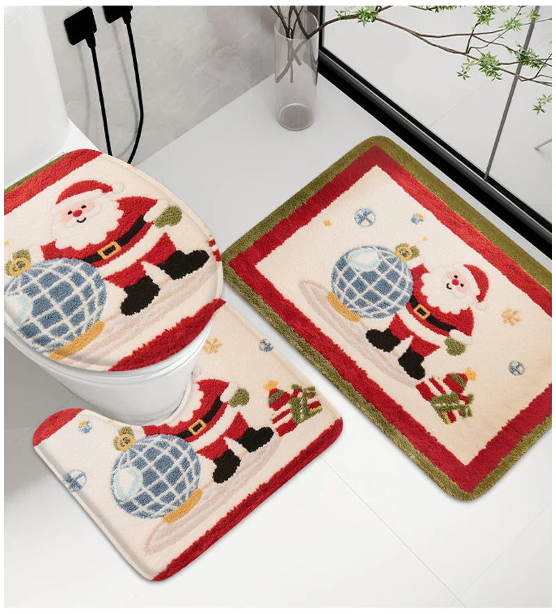 3 pçs tapetes de banheiro de natal, almofadas absorventes de banheiro em casa, almofadas de vaso sanitário em forma de u, tapete de porta de chuveiro, tapetes de flanela