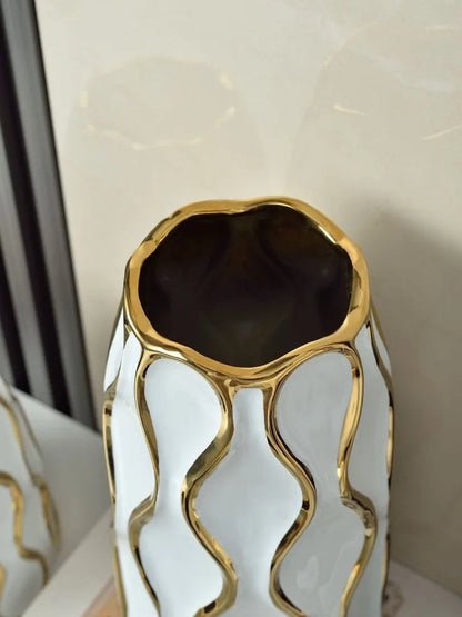 Vaso cerâmico galvanizado, ornamentos de flores douradas, arranjo de flores secas, decoração moderna da sala de estar, preto e branco