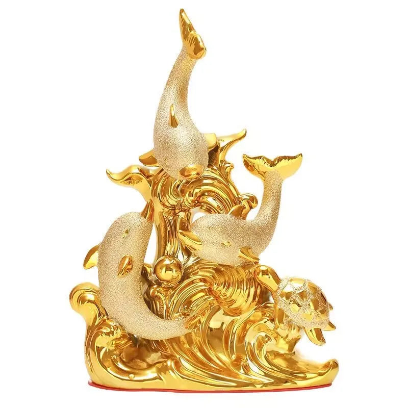 Moderno fengshui golfinho dourado resina itens de decoração casa quarto estatuetas mesa artesanato loja escritório desktop estátua acessórios