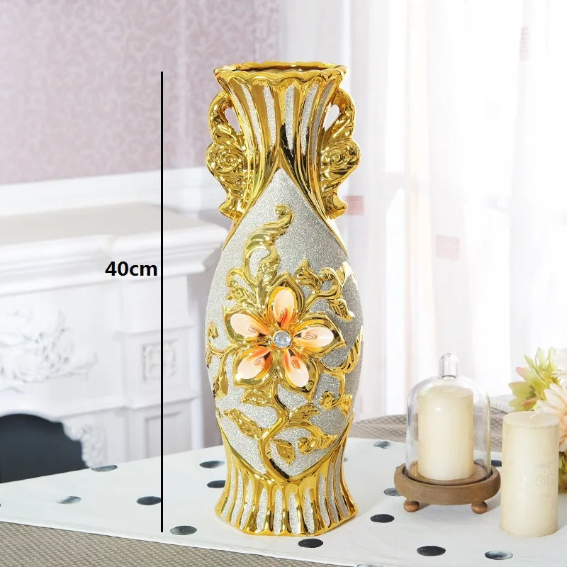 Vaso de flor grande cerâmico banhado a ouro europeu para decoração de casa, porcelana decorativa, design criativo, decoração do casamento