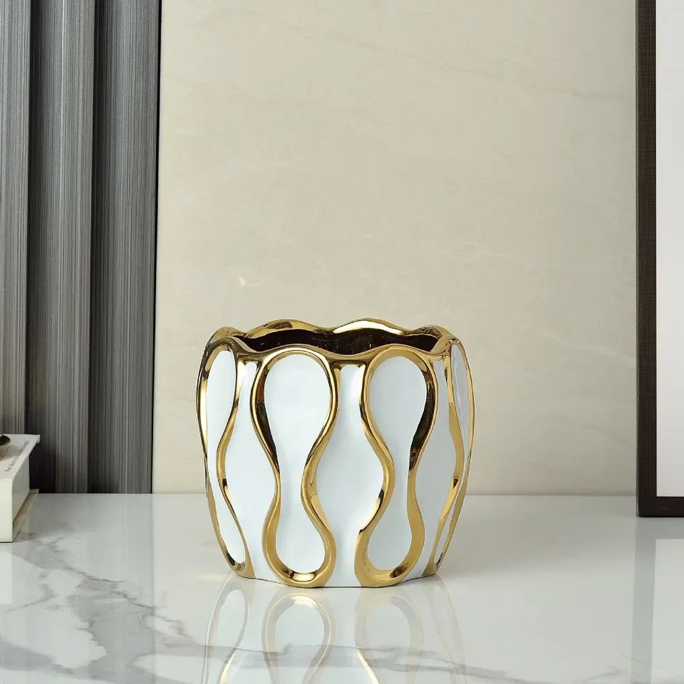 Vaso cerâmico galvanizado, ornamentos de flores douradas, arranjo de flores secas, decoração moderna da sala de estar, preto e branco
