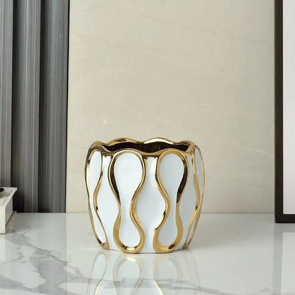 Vaso cerâmico galvanizado, ornamentos de flores douradas, arranjo de flores secas, decoração moderna da sala de estar, preto e branco