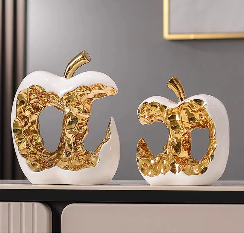 Maçã banhada a ouro oca artesanato escultura de cerâmica decoração de mesa ornamentos criativo estátua de maçã decoração estética do quarto
