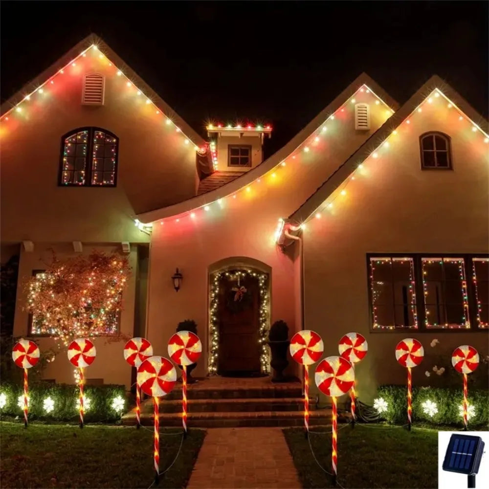 Luzes à terra de doces de árvore de Natal movidas a energia solar, decorações de cenas de gramado de férias, luzes de ambiente, paisagem de pátio ao ar livre l