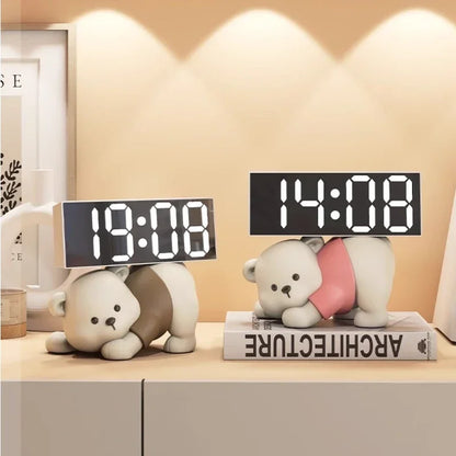 Relógio Despertador digital com Resina Urso, Bonito Estátua Ornamentos, Esculturas de animais, Decoração Desktop Eletrônico, Sala Decor