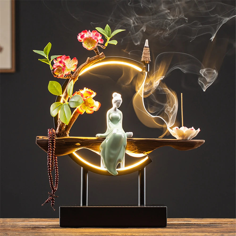 Queimador de incenso de refluxo de madeira de empregada cerâmica com 20 cone usb led círculo de luz lótus buda contas decoração de escritório em casa mobiliário