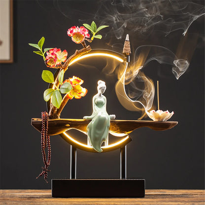 Queimador de incenso de refluxo de madeira de empregada cerâmica com 20 cone usb led círculo de luz lótus buda contas decoração de escritório em casa mobiliário