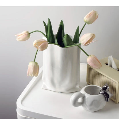 Vaso de cerâmica banhado a prata, decoração de mesa, vasos plissados, vasos de flores decorativos, arranjo de flores, decoração moderna para casa