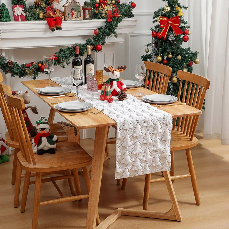 Corredor de mesa verde da árvore de natal 3d, lantejoulas espessadas decoração de festa de evento de natal mesa de jantar do feriado decoração de casa vermelho branco