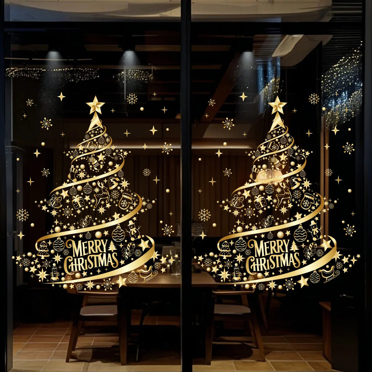 Adesivo de natal ouro pvc dupla face impresso adesivo de janela estática família vidro decorativo atmosfera de natal adesivo