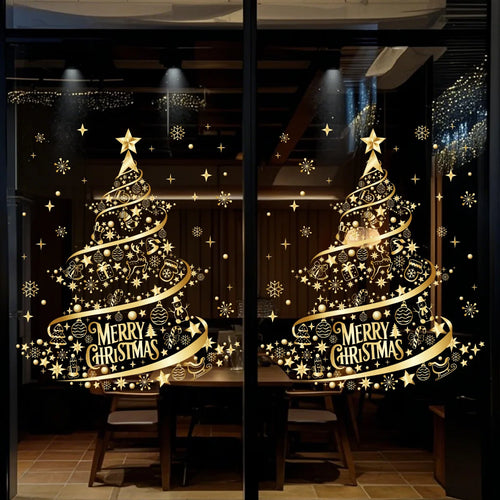 Adesivo de natal ouro pvc dupla face impresso adesivo de janela estática família vidro decorativo atmosfera de natal adesivo