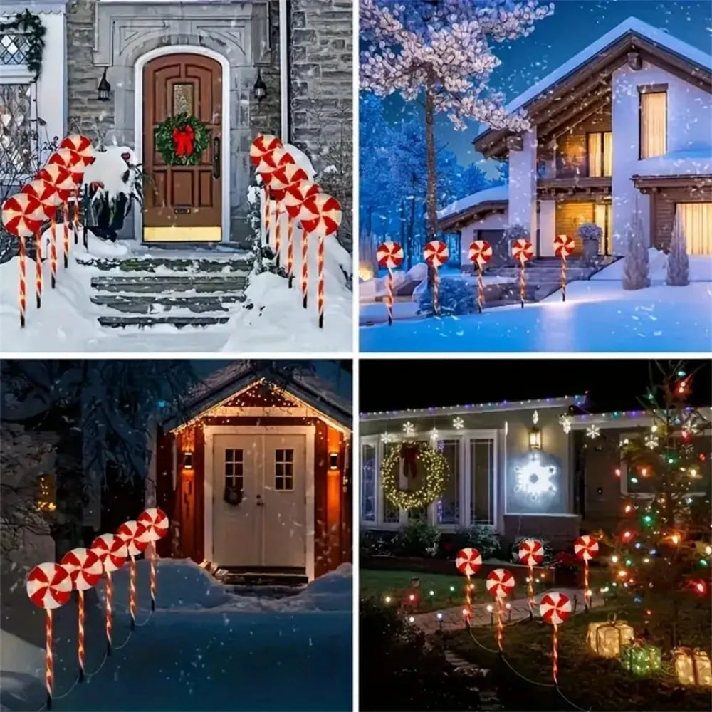 Luzes à terra de doces de árvore de Natal movidas a energia solar, decorações de cenas de gramado de férias, luzes de ambiente, paisagem de pátio ao ar livre l