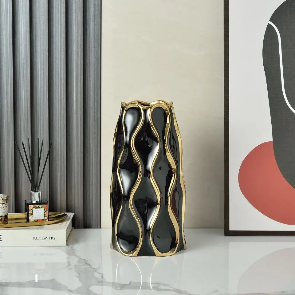 Vaso cerâmico galvanizado, ornamentos de flores douradas, arranjo de flores secas, decoração moderna da sala de estar, preto e branco