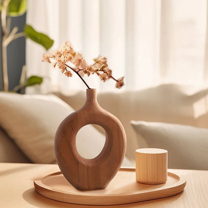 Vaso de madeira sólida estilo nórdico, vaso de flores com design de rosquinha, recipiente de arranjo de flores secas, ornamento, mesa de sala de estar, decoração de casa, 1 peça
