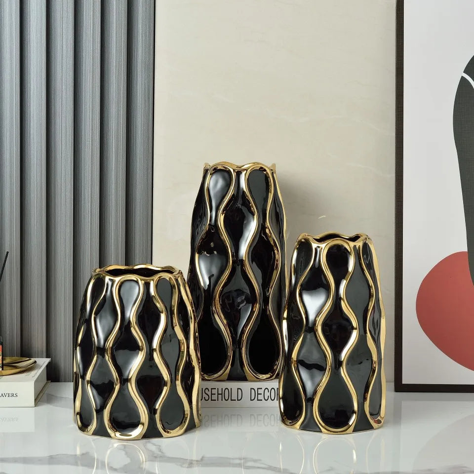 Vaso cerâmico galvanizado, ornamentos de flores douradas, arranjo de flores secas, decoração moderna da sala de estar, preto e branco
