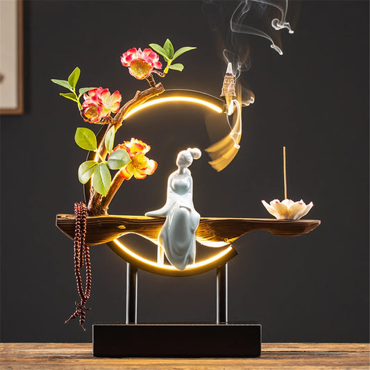 Queimador de incenso de refluxo de madeira de empregada cerâmica com 20 cone usb led círculo de luz lótus buda contas decoração de escritório em casa mobiliário