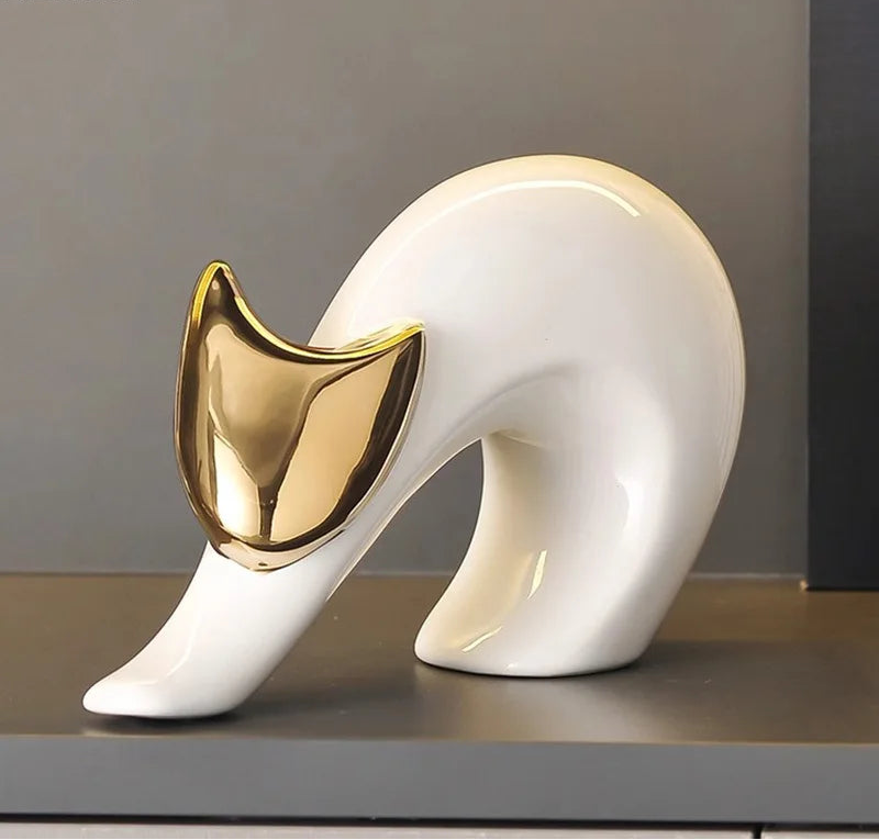 Arte abstrata cerâmica gatinho estátua branco animal ornamentos mesa decoração porcelana gato escultura sala estética decoração