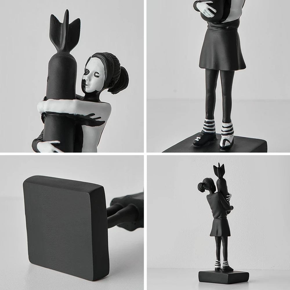 Novo bancosy abraçando bomba menina resina estátua escultura decoração para casa hugger abraçando bomba de paz menina acessórios sala estar decoração