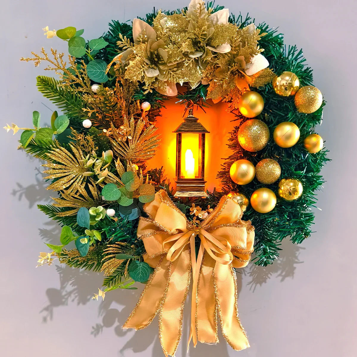 45cm grinalda vermelha com lâmpada para porta da frente bola vermelha flor guirlanda ornamento de natal janela parede pendurado decoração decorações de natal