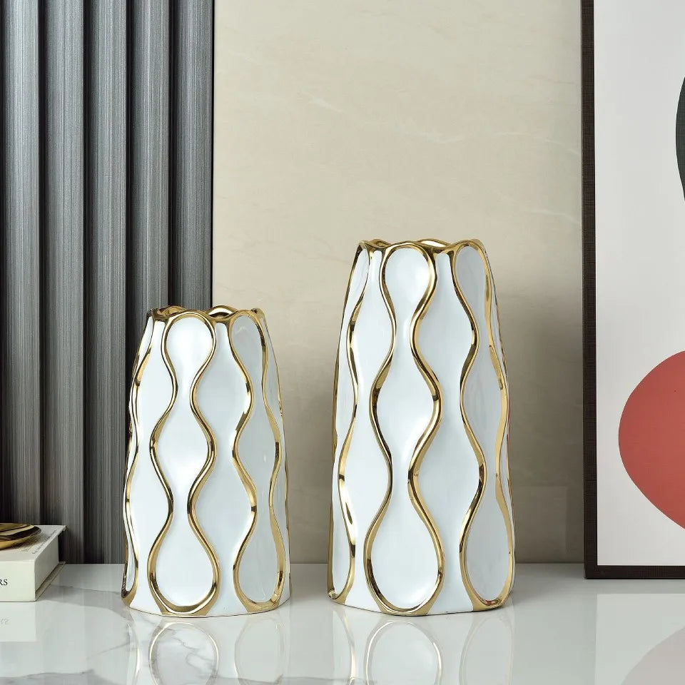 Vaso cerâmico galvanizado, ornamentos de flores douradas, arranjo de flores secas, decoração moderna da sala de estar, preto e branco