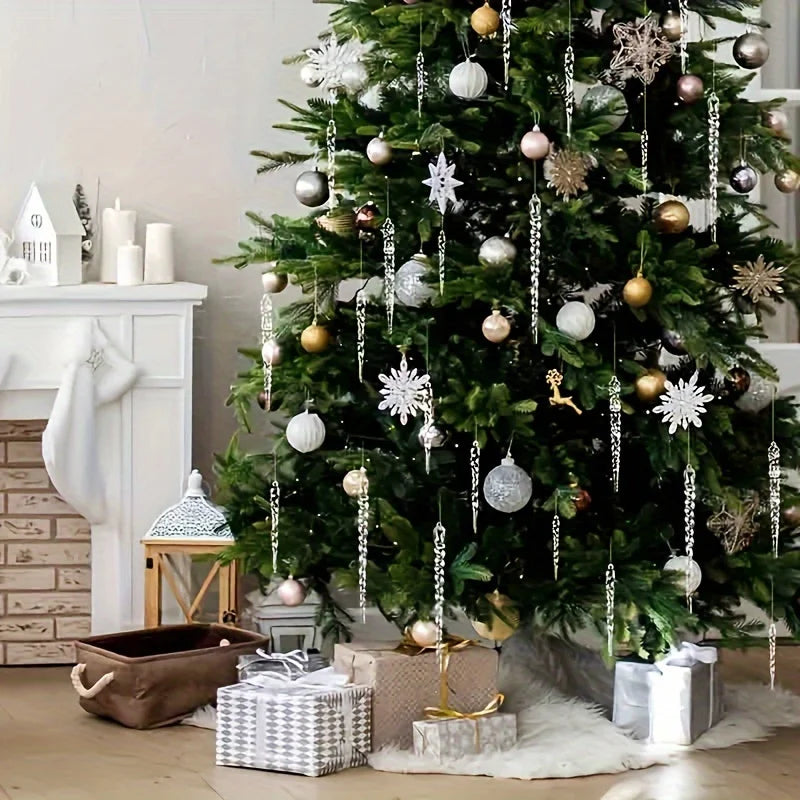Crystal Clear Christmas Tree Enfeites, Icicle Decorações para Férias, Decoração de Festa de Inverno, 12 Pcs, 24 Pcs, 36Pcs
