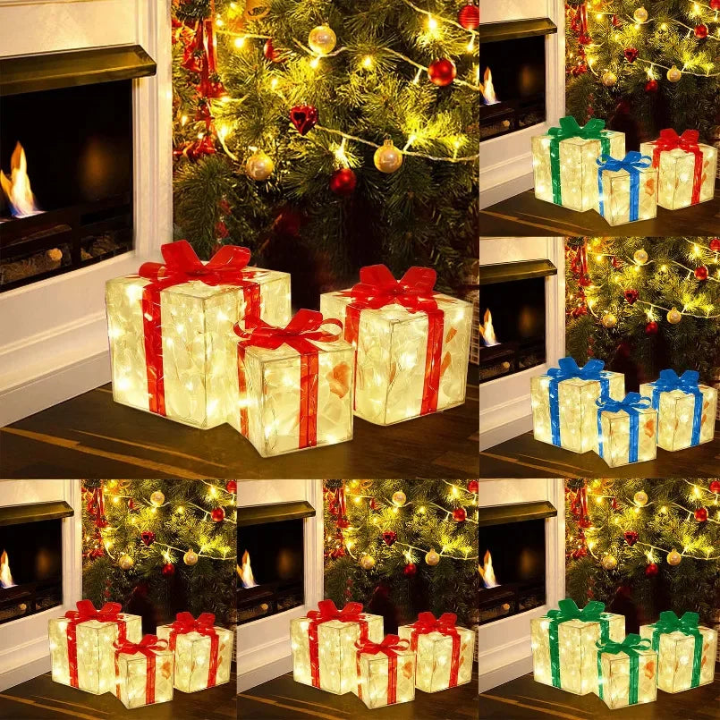 3 pçs iluminar caixas de presente decoração brilhante caixa dobrável com arco iluminação led luminosa festa de natal desktop presente ornamento