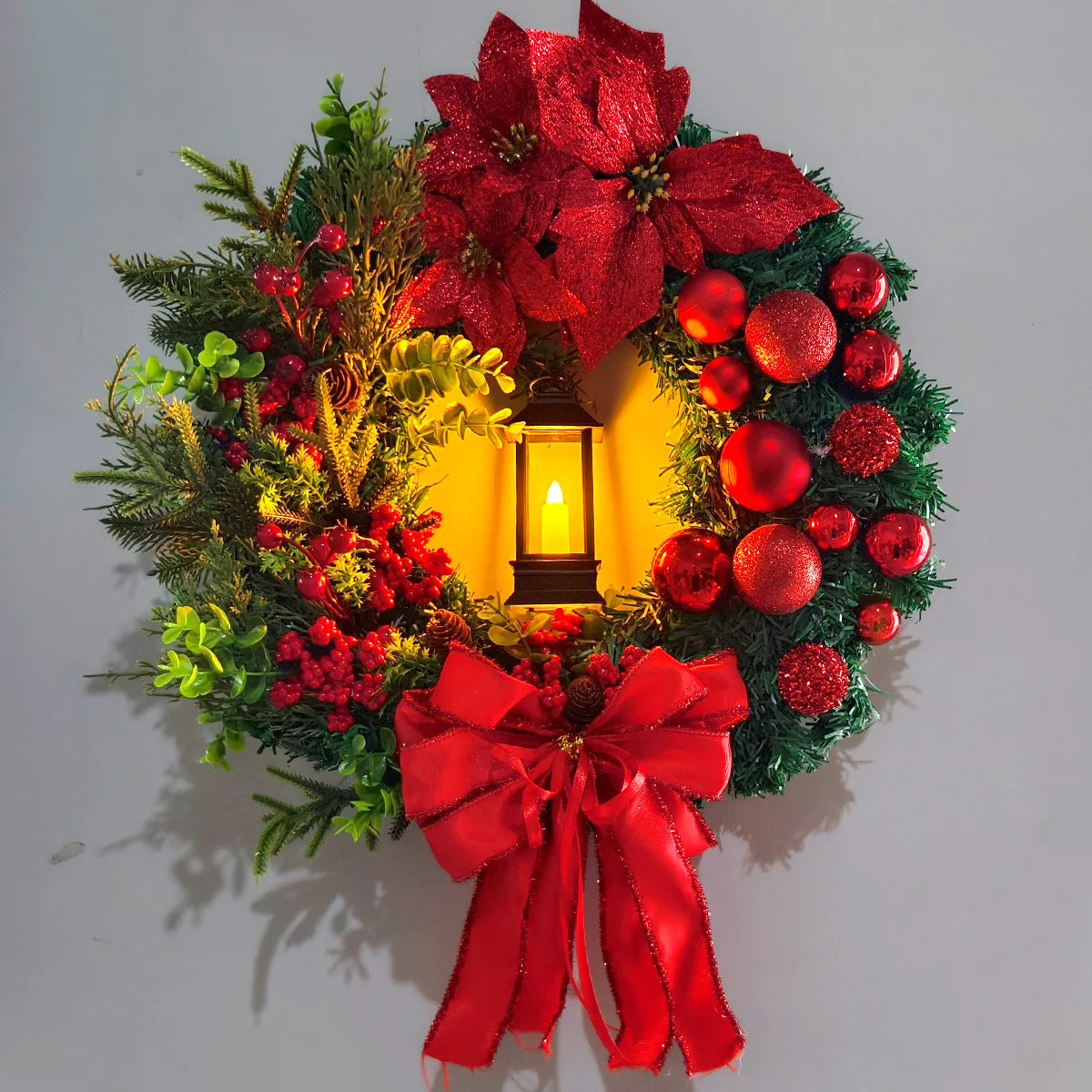 45cm grinalda vermelha com lâmpada para porta da frente bola vermelha flor guirlanda ornamento de natal janela parede pendurado decoração decorações de natal