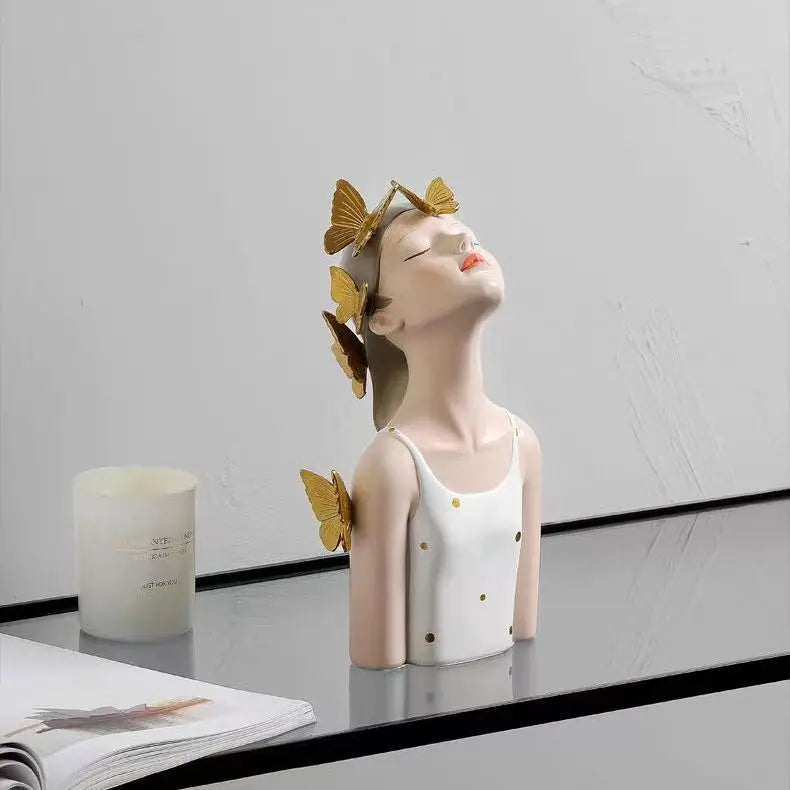 Rosto moderno para cima retrato borboleta meninas ornamentos de resina casa sala estar escultura decoração loja escritório estatuetas artesanato