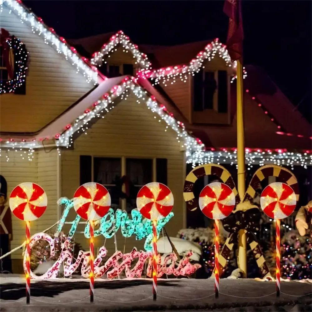 Luzes à terra de doces de árvore de Natal movidas a energia solar, decorações de cenas de gramado de férias, luzes de ambiente, paisagem de pátio ao ar livre l