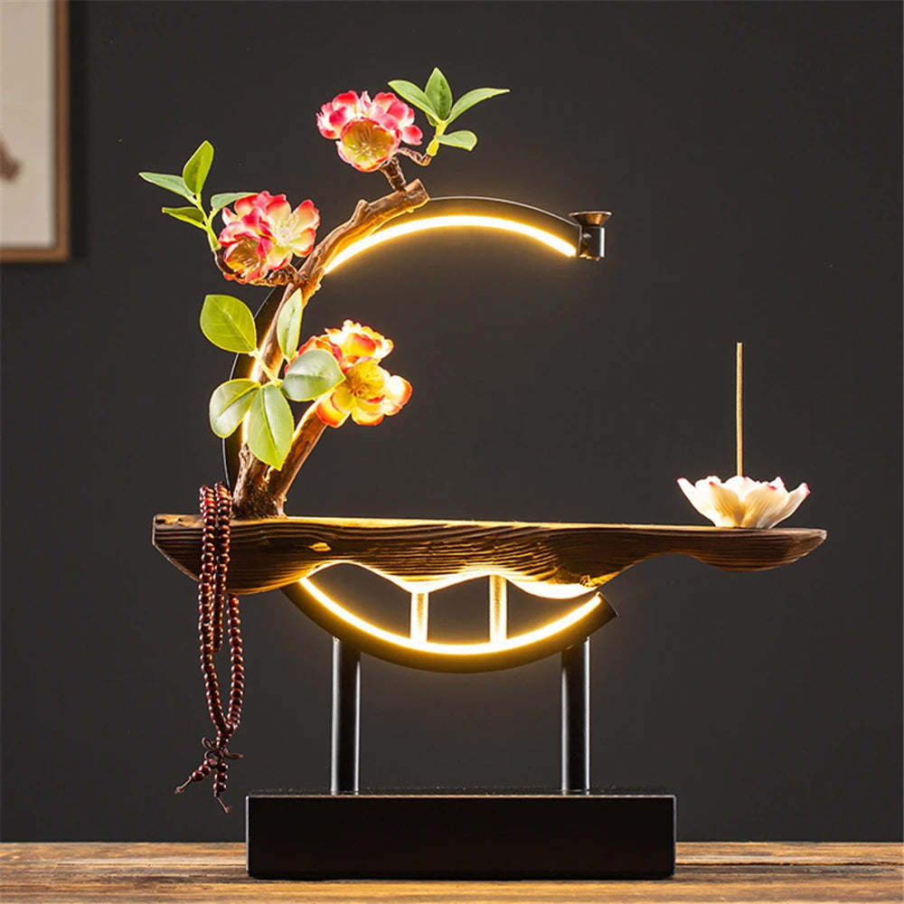 Queimador de incenso de refluxo de madeira de empregada cerâmica com 20 cone usb led círculo de luz lótus buda contas decoração de escritório em casa mobiliário