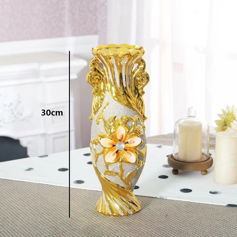 Vaso de flor grande cerâmico banhado a ouro europeu para decoração de casa, porcelana decorativa, design criativo, decoração do casamento