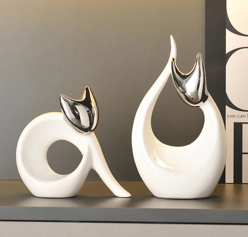 Arte abstrata cerâmica gatinho estátua branco animal ornamentos mesa decoração porcelana gato escultura sala estética decoração