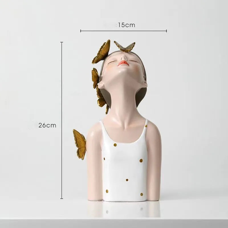 Rosto moderno para cima retrato borboleta meninas ornamentos de resina casa sala estar escultura decoração loja escritório estatuetas artesanato