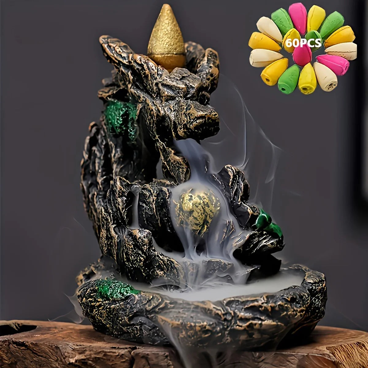 1pc montanhas rio cachoeira refluxo queimador de incenso fonte refluxo aroma fumaça incensário titular artesanato para casa + 60 cones de incenso