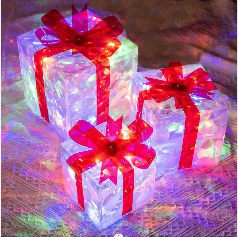3 pçs iluminar caixas de presente decoração brilhante caixa dobrável com arco iluminação led luminosa festa de natal desktop presente ornamento
