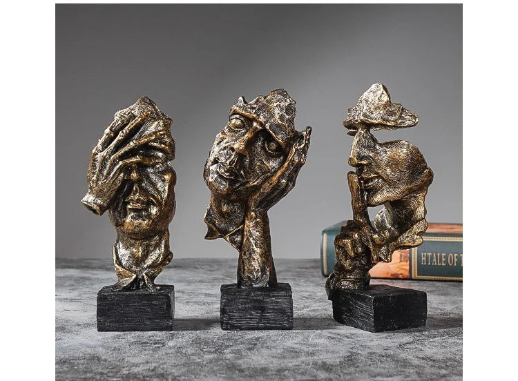 Vilead 16cm conjunto de 3 escultura abstrata resina silêncio é estátua de ouro areia preta escritório estante decoração de mesa objeto prateleira