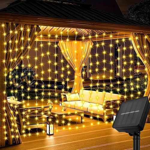 Cortina de luz solar ao ar livre à prova dwaterproof água solar fada guirlanda luzes da corda jardim quintal pavilhão festa casamento decoração do feriado luzes