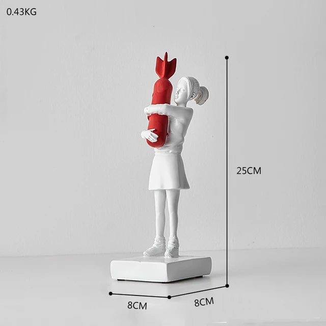 Novo bancosy abraçando bomba menina resina estátua escultura decoração para casa hugger abraçando bomba de paz menina acessórios sala estar decoração