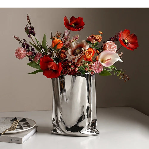 Vaso de cerâmica banhado a prata, decoração de mesa, vasos plissados, vasos de flores decorativos, arranjo de flores, decoração moderna para casa