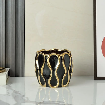 Vaso cerâmico galvanizado, ornamentos de flores douradas, arranjo de flores secas, decoração moderna da sala de estar, preto e branco