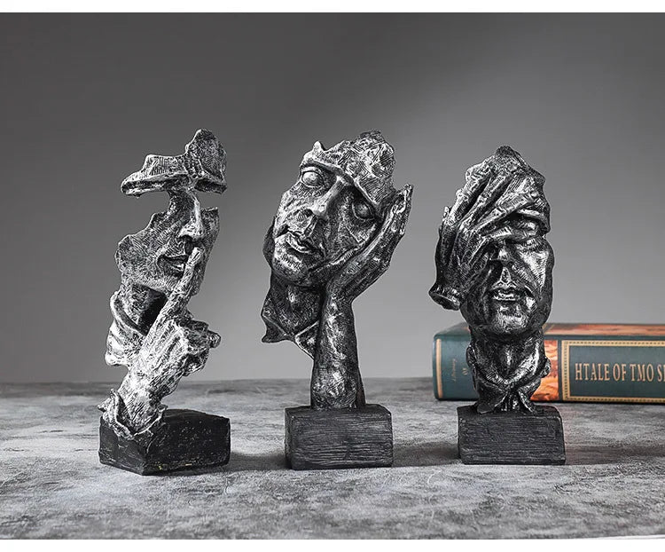 Vilead 16cm conjunto de 3 escultura abstrata resina silêncio é estátua de ouro areia preta escritório estante decoração de mesa objeto prateleira