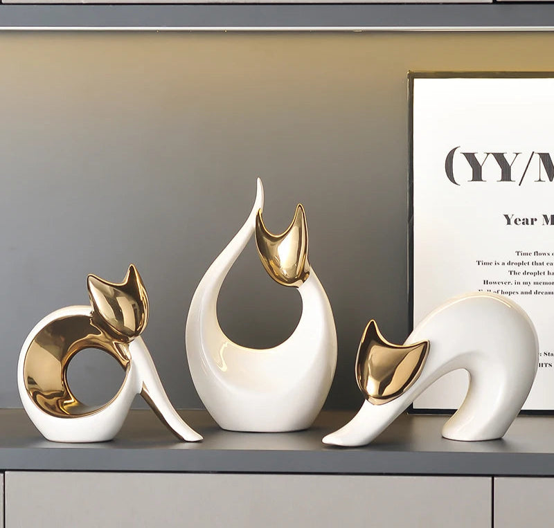 Arte abstrata cerâmica gatinho estátua branco animal ornamentos mesa decoração porcelana gato escultura sala estética decoração