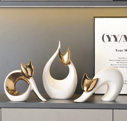Arte abstrata cerâmica gatinho estátua branco animal ornamentos mesa decoração porcelana gato escultura sala estética decoração
