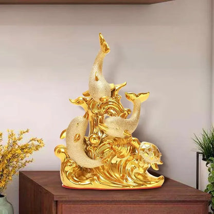 Moderno fengshui golfinho dourado resina itens de decoração casa quarto estatuetas mesa artesanato loja escritório desktop estátua acessórios