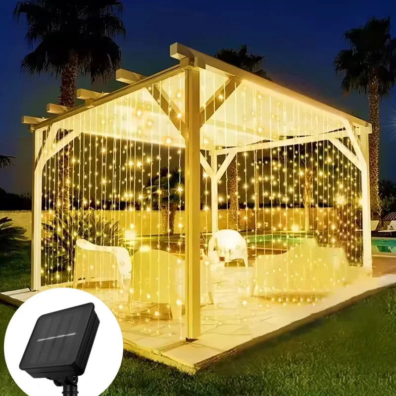 Cortina de luz solar ao ar livre à prova dwaterproof água solar fada guirlanda luzes da corda jardim quintal pavilhão festa casamento decoração do feriado luzes