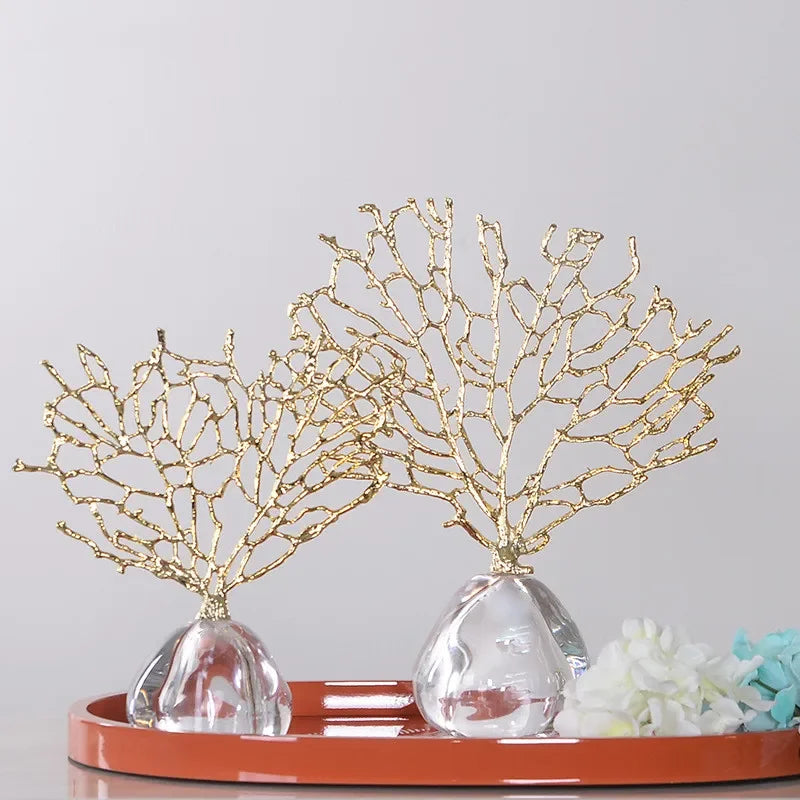 Imitação de coral ornamentos cristal metal árvore vaso vidro oco quadro metal resina coral oceano estatuetas decorativas decoração casa