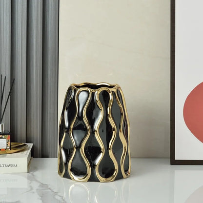 Vaso cerâmico galvanizado, ornamentos de flores douradas, arranjo de flores secas, decoração moderna da sala de estar, preto e branco